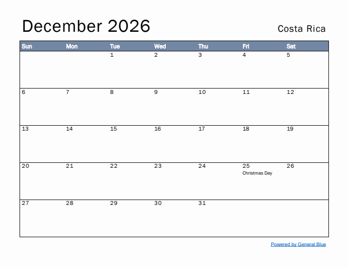 December 2026 Simple Monthly Calendar for Costa Rica