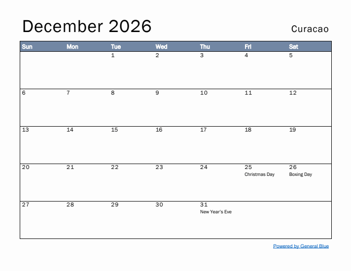 December 2026 Simple Monthly Calendar for Curacao