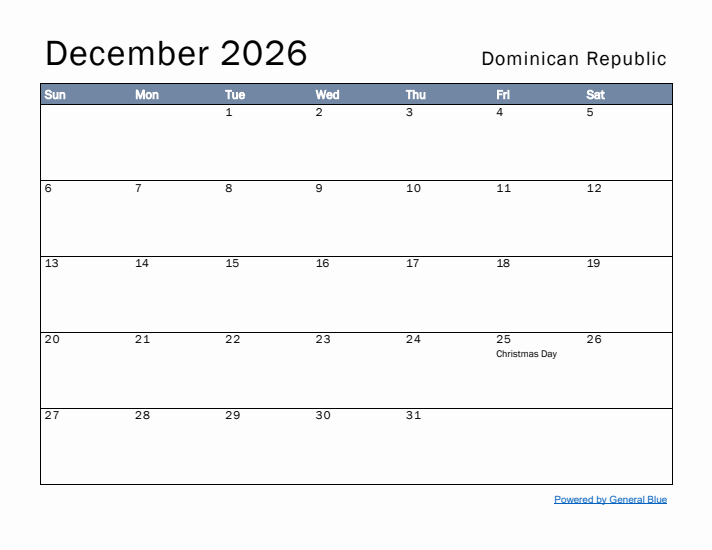 December 2026 Simple Monthly Calendar for Dominican Republic