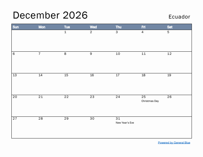 December 2026 Simple Monthly Calendar for Ecuador