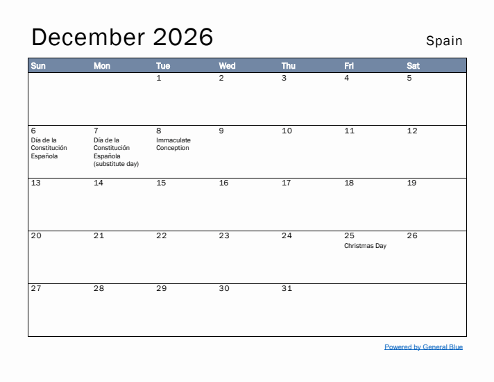 December 2026 Simple Monthly Calendar for Spain