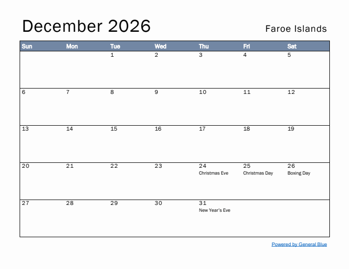 December 2026 Simple Monthly Calendar for Faroe Islands