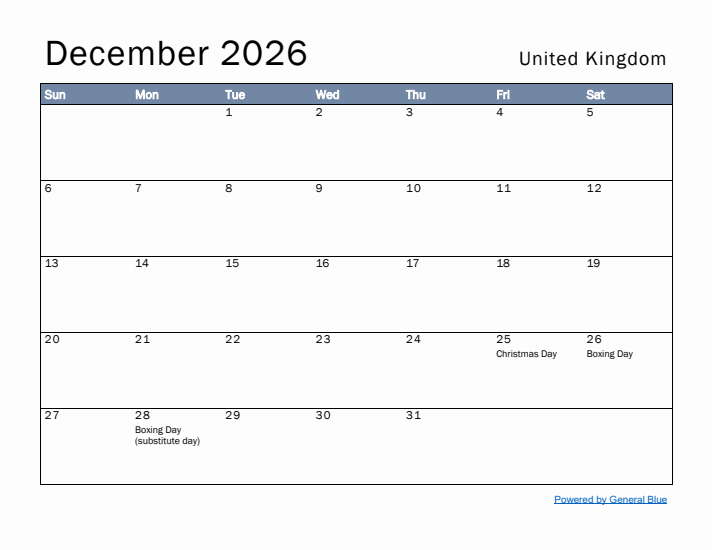 December 2026 Simple Monthly Calendar for United Kingdom