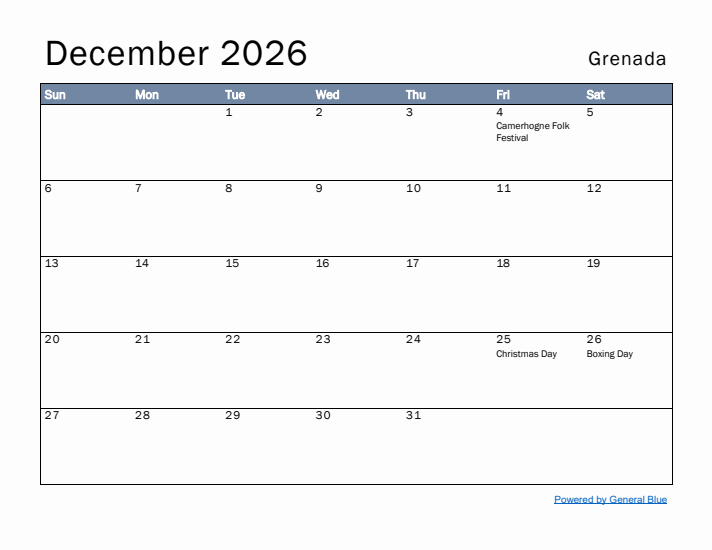 December 2026 Simple Monthly Calendar for Grenada