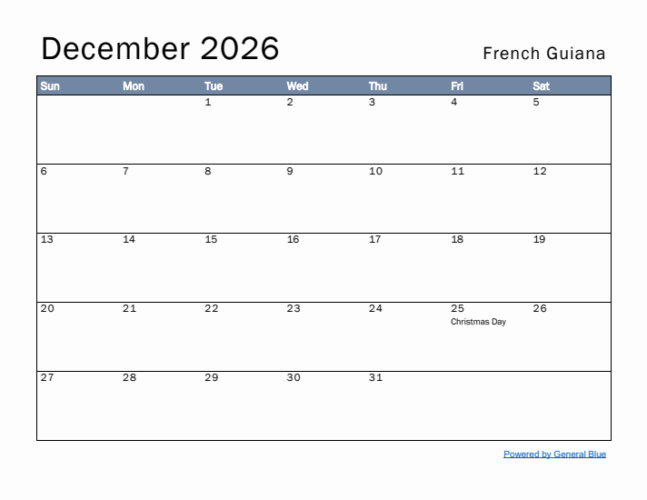 December 2026 Simple Monthly Calendar for French Guiana