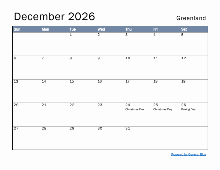 December 2026 Simple Monthly Calendar for Greenland