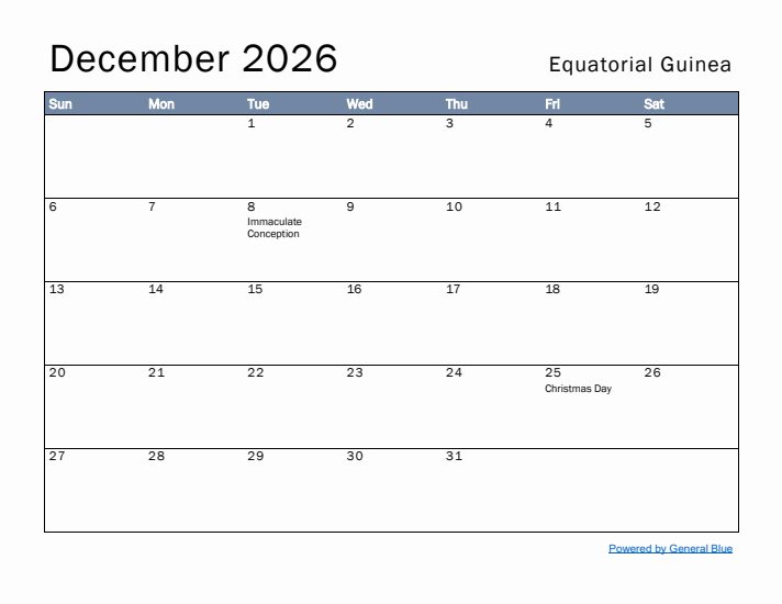 December 2026 Simple Monthly Calendar for Equatorial Guinea