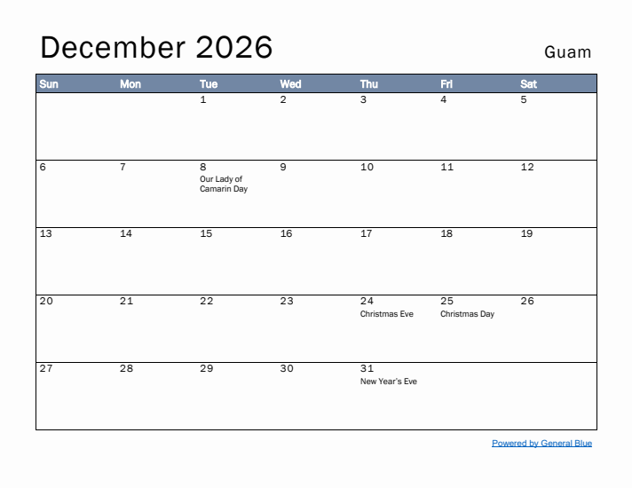 December 2026 Simple Monthly Calendar for Guam