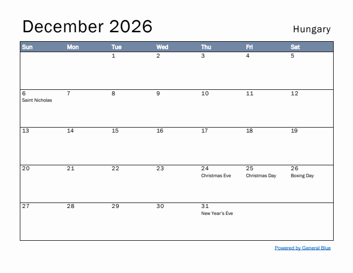 December 2026 Simple Monthly Calendar for Hungary