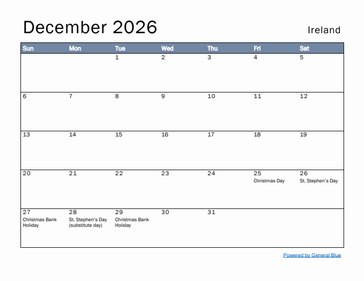 December 2026 Simple Monthly Calendar for Ireland