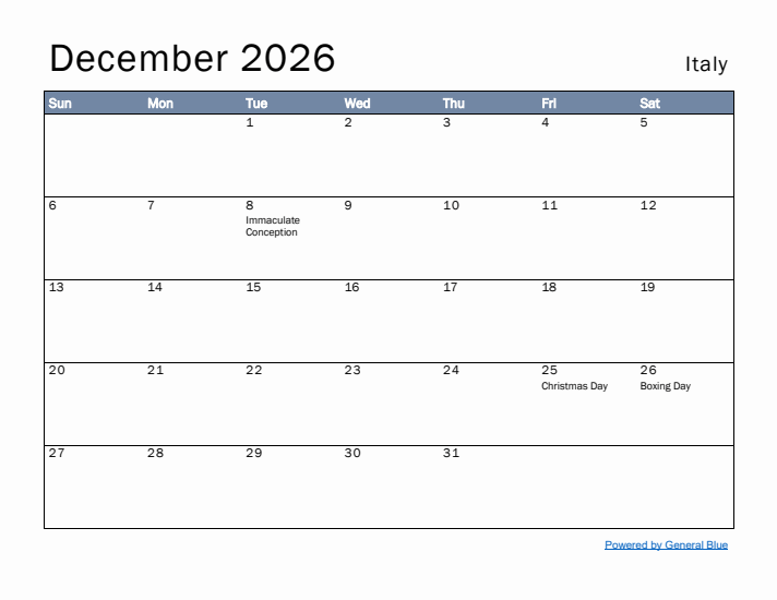 December 2026 Simple Monthly Calendar for Italy