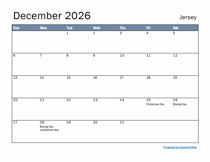 December 2026 Simple Monthly Calendar for Jersey