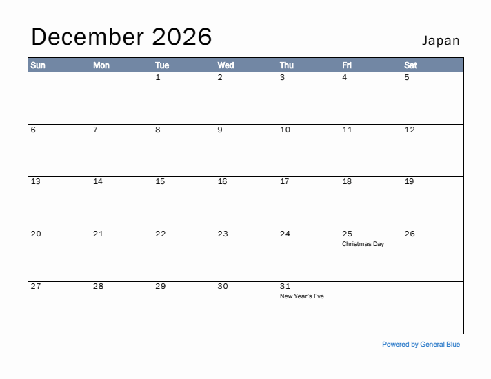 December 2026 Simple Monthly Calendar for Japan