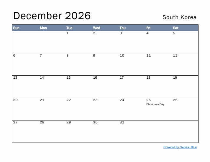 December 2026 Simple Monthly Calendar for South Korea