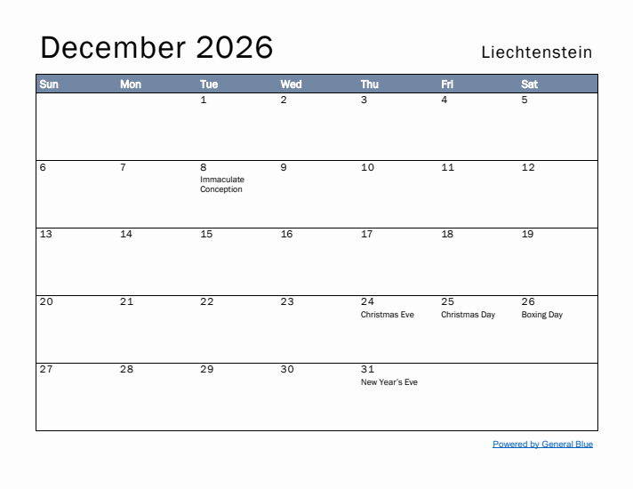 December 2026 Simple Monthly Calendar for Liechtenstein