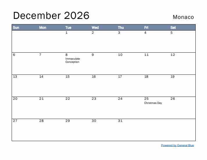 December 2026 Simple Monthly Calendar for Monaco