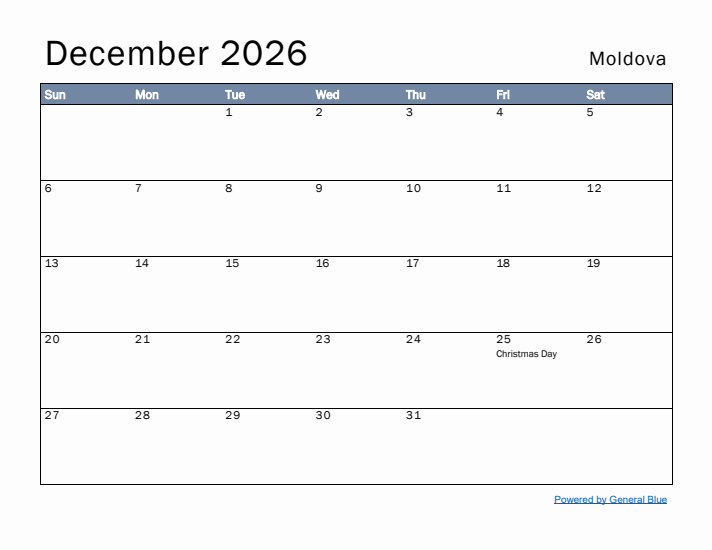 December 2026 Simple Monthly Calendar for Moldova