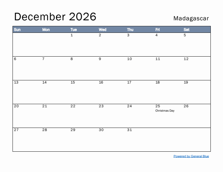 December 2026 Simple Monthly Calendar for Madagascar