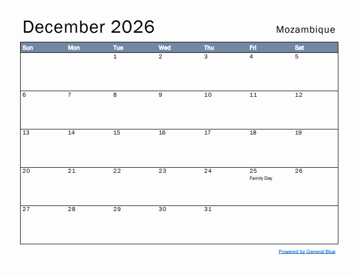 December 2026 Simple Monthly Calendar for Mozambique