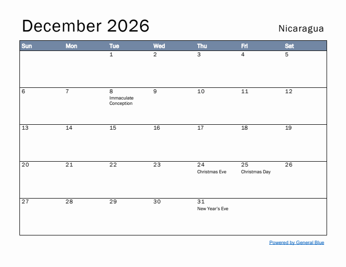 December 2026 Simple Monthly Calendar for Nicaragua