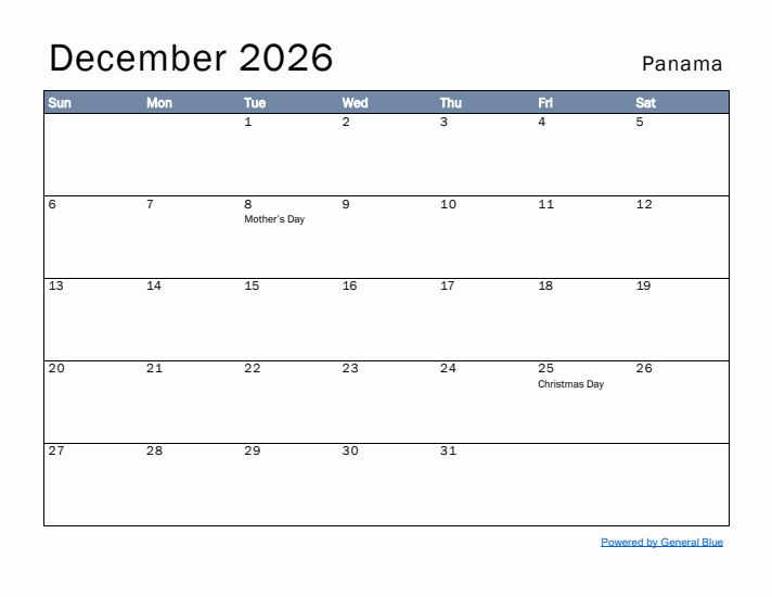 December 2026 Simple Monthly Calendar for Panama