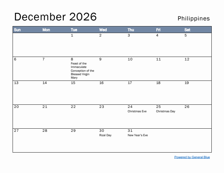 December 2026 Simple Monthly Calendar for Philippines