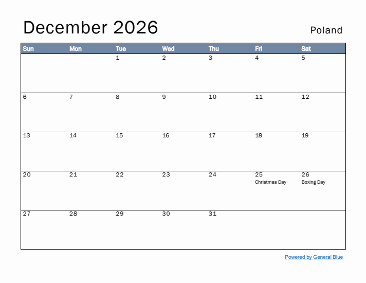 December 2026 Simple Monthly Calendar for Poland