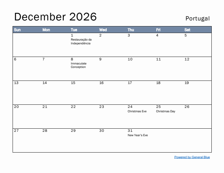 December 2026 Simple Monthly Calendar for Portugal