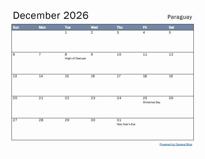 December 2026 Simple Monthly Calendar for Paraguay