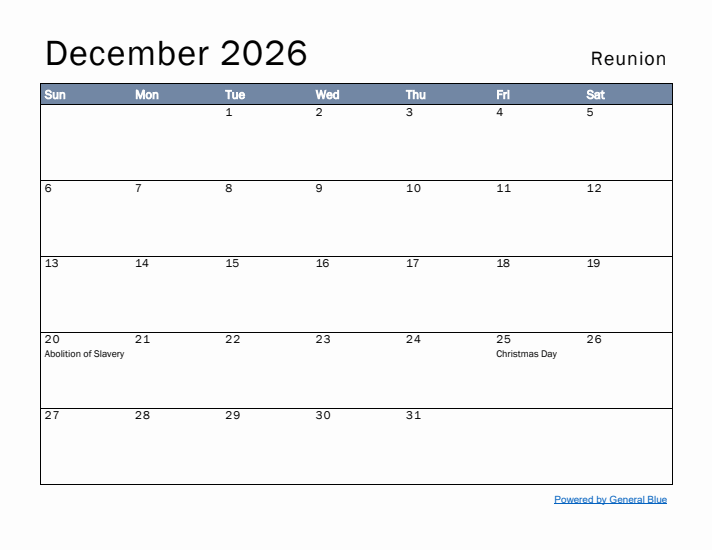 December 2026 Simple Monthly Calendar for Reunion