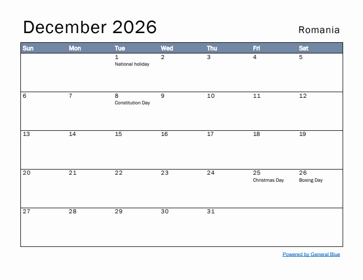 December 2026 Simple Monthly Calendar for Romania