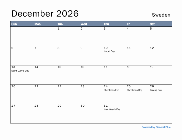 December 2026 Simple Monthly Calendar for Sweden