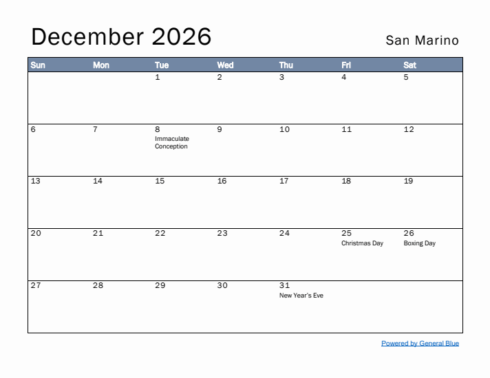 December 2026 Simple Monthly Calendar for San Marino