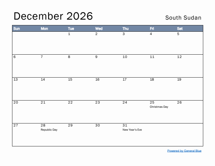 December 2026 Simple Monthly Calendar for South Sudan