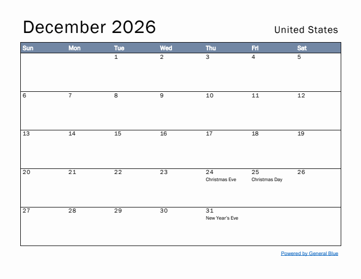 December 2026 Simple Monthly Calendar for United States