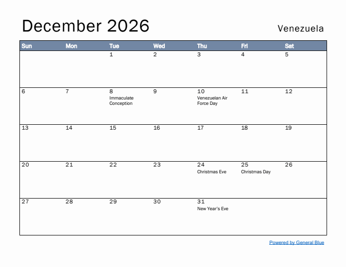 December 2026 Simple Monthly Calendar for Venezuela