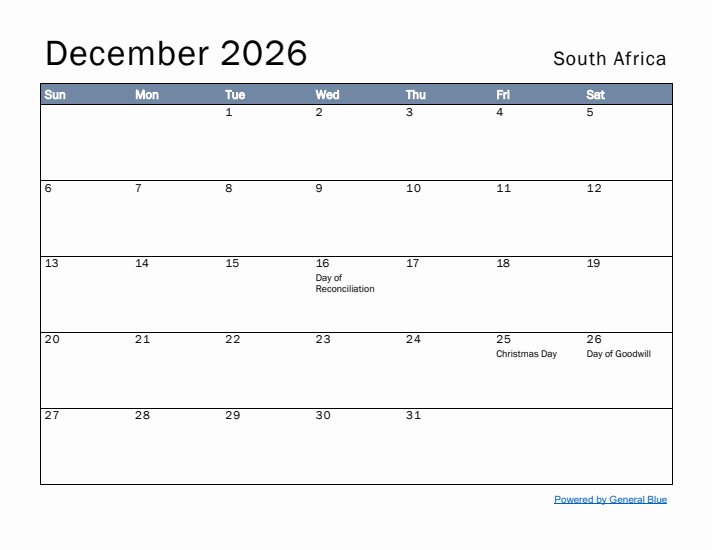 December 2026 Simple Monthly Calendar for South Africa