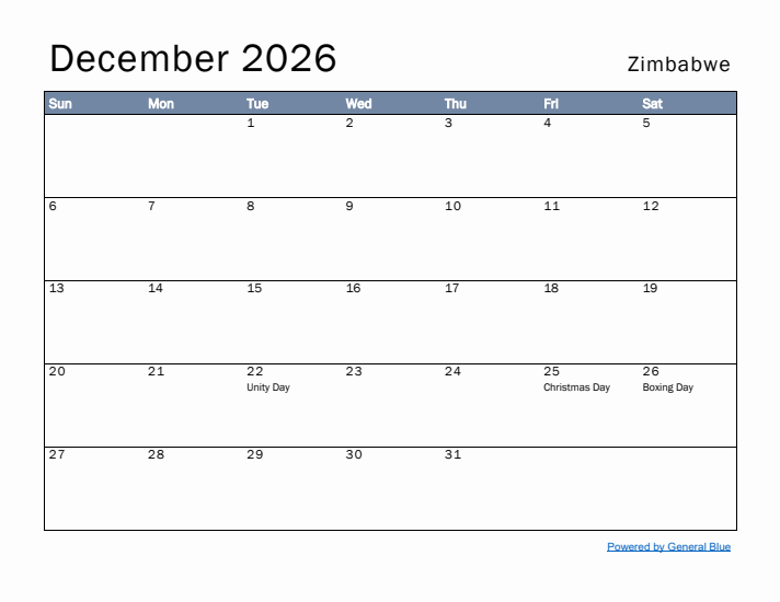 December 2026 Simple Monthly Calendar for Zimbabwe