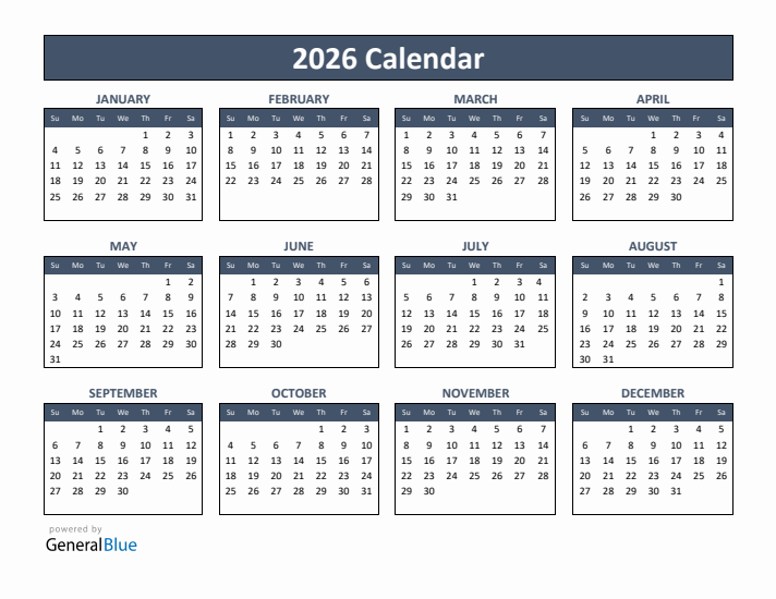 Year 2026 Free Printable 12-Month Calendar