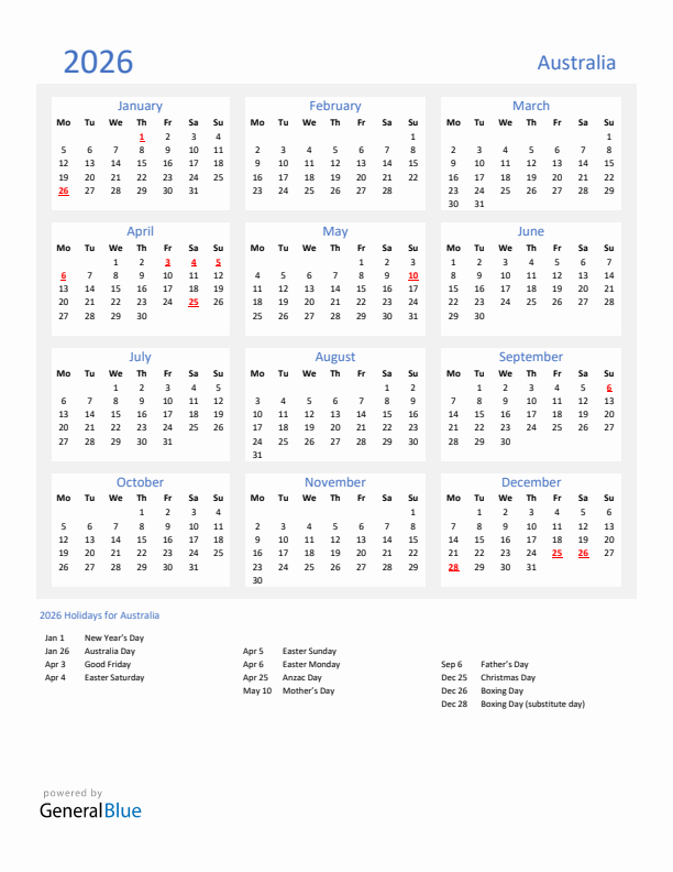 Basic Yearly Calendar with Holidays in Australia for 2026 