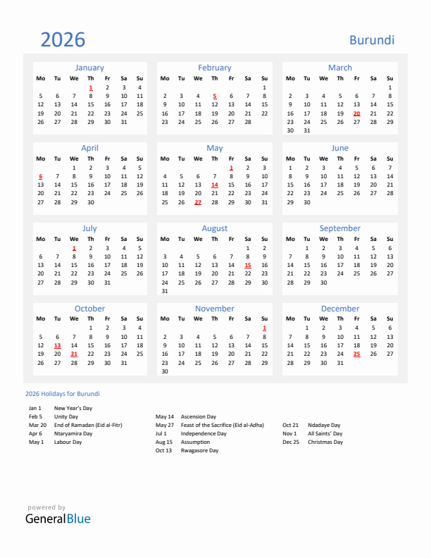 Basic Yearly Calendar with Holidays in Burundi for 2026 