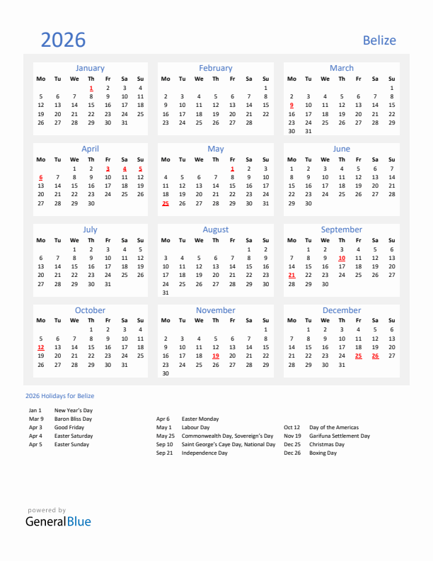 Basic Yearly Calendar with Holidays in Belize for 2026 