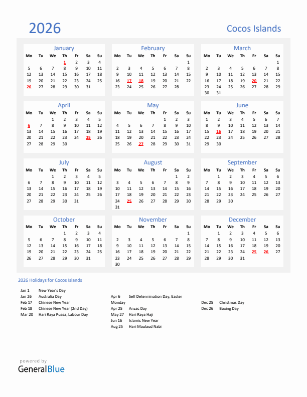 Basic Yearly Calendar with Holidays in Cocos Islands for 2026 