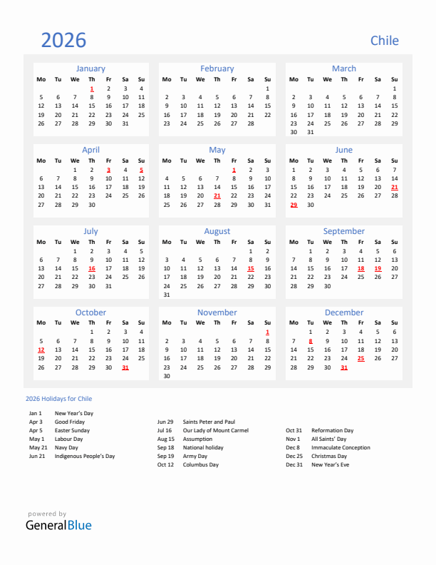 Basic Yearly Calendar with Holidays in Chile for 2026 