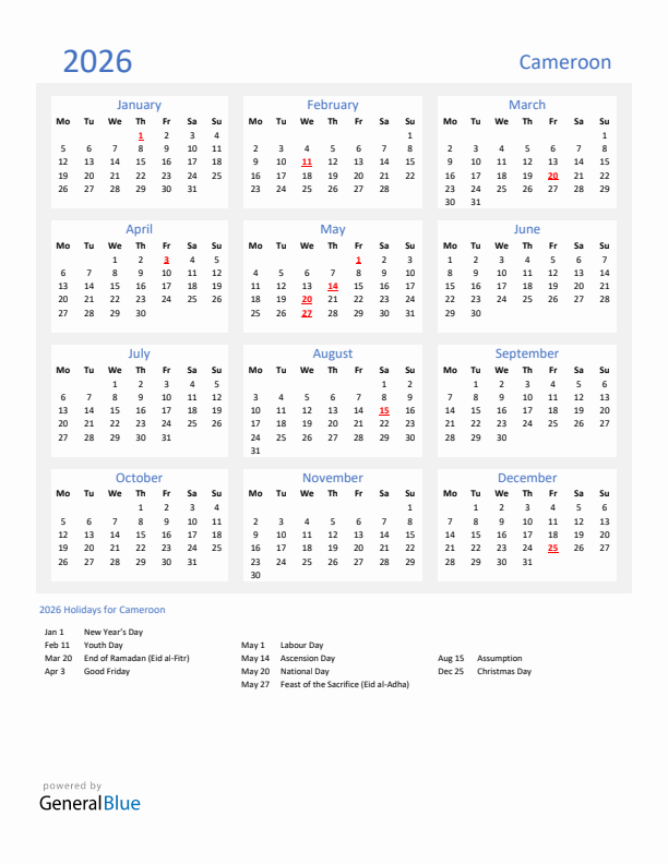 Basic Yearly Calendar with Holidays in Cameroon for 2026 