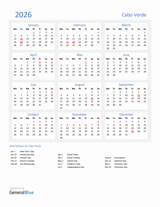 Basic Yearly Calendar with Holidays in Cabo Verde for 2026 