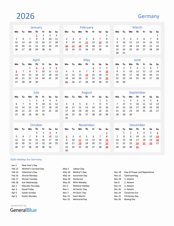 Basic Yearly Calendar with Holidays in Germany for 2026 