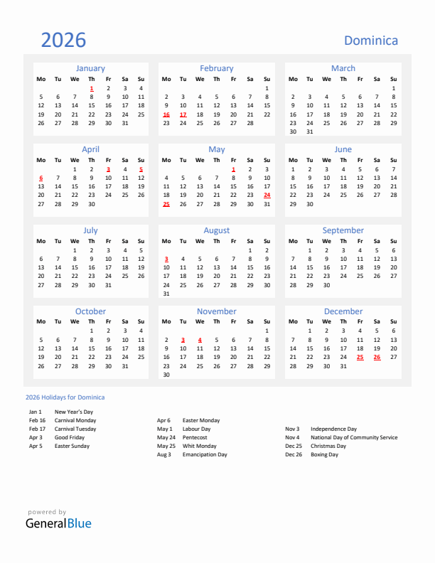 Basic Yearly Calendar with Holidays in Dominica for 2026 