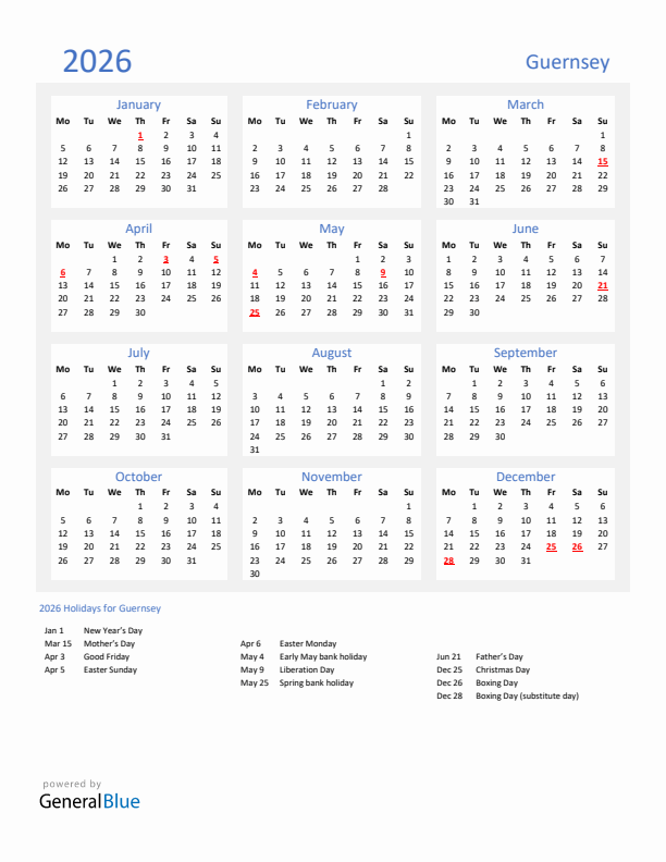 Basic Yearly Calendar with Holidays in Guernsey for 2026 