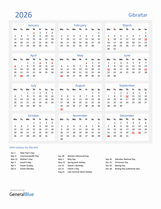 Basic Yearly Calendar with Holidays in Gibraltar for 2026 